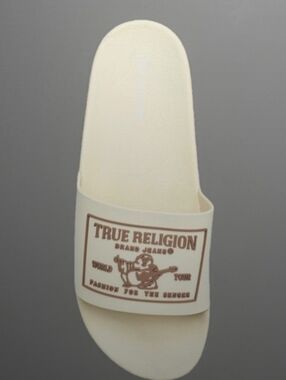 True Religion Cream Slides with Brown Logo Plaque